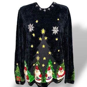 Vtg Berek 2 Christmas Santa Chenille Black Ugly Holiday Sweater Embroidered S